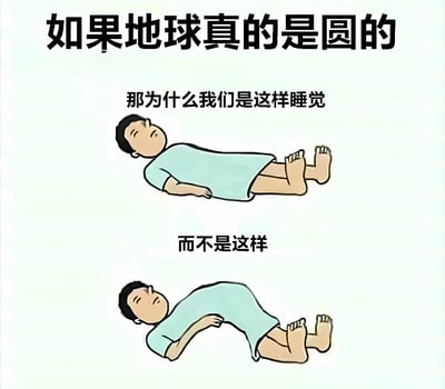 这是一张幽默科普梗图，通过对比展示了对地球形状的有趣误解。图片上方大字标题写着“如果地球真的是圆的”，中间部分配有“那为什么我们是这样睡觉”的文字和一个平躺的卡通人物插图，下方则是“而不是这样”的文字和一个身体弯曲成弧形的卡通人物插图。整个图片用简单的线条和柔和的色彩绘制，通过夸张的对比手法制造笑点，调侃了不理解地球重力原理的错误认知。