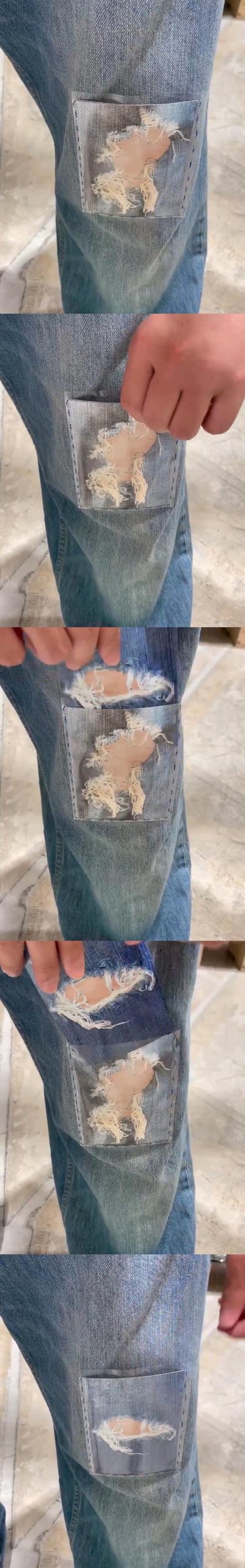 多张图片纵向拼接展示牛仔裤补丁被手撕脱落的全过程：首图可见牛仔裤膝盖处有一块浅色补丁；第二张图中一只手捏住补丁边缘开始撕扯；第三张补丁部分翘起，露出下方毛边；第四张补丁被撕开大半，破洞更明显；末图补丁几乎完全脱落，露出完整的破洞。整个过程直观呈现了牛仔裤补丁极易脱落的质量问题，画面无任何文字，仅通过动作演示形成强烈对比。