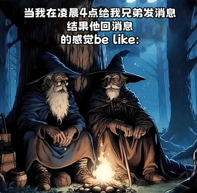 图片展示了两名身着深色长袍、头戴尖顶帽的老年巫师，他们坐在森林中的篝火旁，周围是高大的树木和夜晚的星空，背景呈蓝紫色调。巫师们留着长长的白胡子，表情平静而睿智，仿佛在深夜中保持着清醒。图片上方配有文字：“当我在凌晨4点给我兄弟发消息 结果他回消息 的感觉be like:”，通过将兄弟凌晨4点秒回消息的场景与深夜仍清醒的巫师形象结合，以幽默的方式调侃兄弟间深夜仍保持联系的默契。