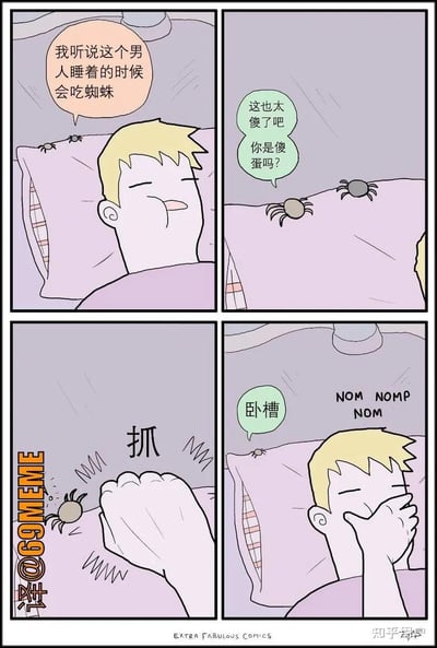 这是一则以流言为梗的幽默四格漫画，主角是一位睡觉的男子和两只蜘蛛。第一格男子熟睡，配文提及"睡觉会吃蜘蛛"的都市传说。第二格两只蜘蛛还在床上闲聊，其中一只是调侃另一个蜘蛛太傻，质疑都市传说。第三格男子突然醒来抓住一只蜘蛛。第四格男子把蜘蛛塞到嘴里吃掉，留下另一只蜘蛛震惊吐槽。整体氛围轻松搞笑，通过反转表现了流言和现实的落差。

本漫画用到了流言的反讽和bug般自证梗，最后的"反杀"和蜘蛛的表情很有喜剧效果。