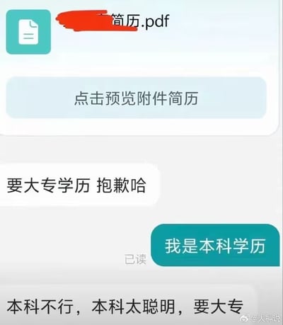 这是一张求职沟通的聊天界面截图，画面上方显示求职者向招聘方发送了名为“简历.pdf”的附件，下方是双方的对话内容：招聘方首先告知求职者该岗位要求大专学历，婉拒求职者；求职者说明自己是本科学历后，招聘方给出了更加荒诞的回复，称本科学历不行，本科生太聪明，还是只要大专学历。内容充满反差感和讽刺性，直观展现了求职市场中部分招聘方的不合理录用标准。