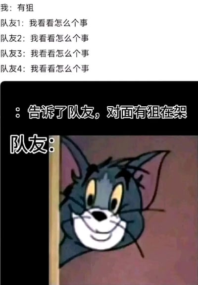 这是一张游戏主题的搞笑梗图，整体分为上下文字区域和下方卡通图像区域。上方文字模拟了游戏内的对话场景：玩家提醒队友“有狙”，四名队友却异口同声地回复“我看看怎么个事”；中间文字说明玩家已经告知队友对面有狙在架；下方则是经典动画《猫和老鼠》里汤姆猫从门后探出头的截图，汤姆面带好奇的微笑，眼神透着好奇，精准对应了队友得知有狙后，不仅不提高警惕，反而好奇地想凑过去一探究竟的迷惑心态，生动还原了多人射击游戏中常见的队友不听劝、好奇作死的真实场景，充满了玩梗的趣味和对游戏日常的调侃。