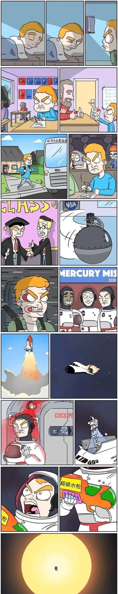 该梗图描绘了一位小哥从学生成长为宇航员的历程，在执行水星任务时携带液态水枪而非专业设备，形成幽默反差效果。角色全程保持愤怒表情，增强喜剧感。