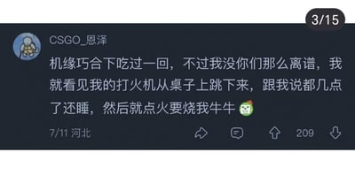 这张图片是某社交平台网友'CSGO_恩泽'发的一条神经式离谱搞笑评论截图，内容是一段夸张自黑——打火机拟人会说话、还能记时间自觉点火，有明显幽默感和脑洞，最后以点火要烧“牛牛”作结，配呕吐表情，把离谱进行到底。“牛牛”有一点暗示和谐音小梗。整图氛围魔性、适合用作无厘头吐槽。