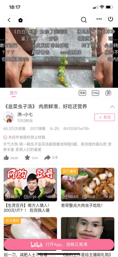 这是哔哩哔哩（B站）的一则猎奇美食视频截图，视频标题为《韭菜虫子汤》，作者为洪-小七，视频主打以猪儿虫为食材制作鲜滑营养的汤品。画面中展示了处理猪儿虫的场景，满屏弹幕都是观众的玩梗与吐槽，比如「san值狂掉」「广东人都不吃的东西」「真香警告」等，体现出观众对这类另类美食的惊讶、抗拒又好奇的复杂反应。视频简介宣传该汤品高蛋白、营养丰富，下方还推荐了《生烫豆丹》《老哥整点大肉虫子吃吃！》等同类型重口美食视频，整体充满猎奇感。