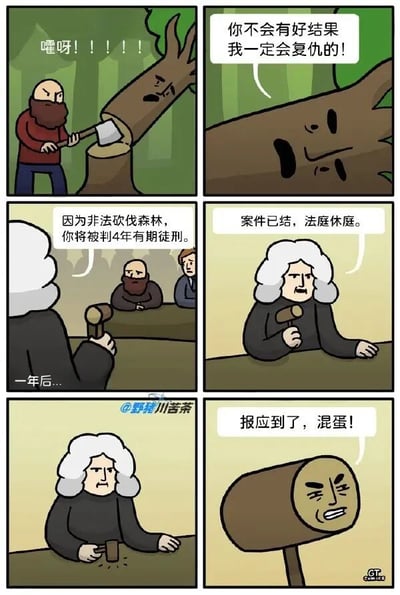 这是一组由六格组成的连环卡通漫画，讲述了一个荒诞反转的复仇故事：第一格中，留着大胡子的伐木工在森林里挥着斧头砍树，同时大喊“嚯呀！！！！！”，被砍的树露出痛苦的表情；第二格，这棵树恶狠狠地对伐木工放话：“你不会有好结果 我一定会复仇的！”；第三格时间来到一年后，法庭上，法官对着坐在被告席的伐木工严肃宣判：“因为非法砍伐森林，你将被判4年有期徒刑。”；第四格，法官敲响法槌，说道“案件已结，法庭休庭。”；第五格，画面切换，法官面前的法槌变成了一个小木桩；第六格，这个木桩（即当初被砍的树的一部分）变成了带有愤怒表情的木槌，对着法官大喊“报应到了，混蛋！”，以荒诞的方式完成了复仇，用循环的剧情制造出讽刺又搞笑的笑点。