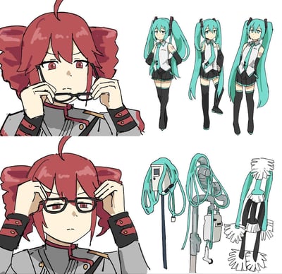 这是一张上下分栏的对比搞笑梗图，上半部分展示VOCALOID角色重音teto正摘下眼镜，旁边是三位正常造型的初音未来；下半部分是重音戴上眼镜后，原本的初音未来被替换成了和她造型高度相似的清洁工具：分别是类似手持吸尘设备的工具、管道疏通器、掸子。创作者利用初音未来的双马尾长发造型与清洁工具部件的视觉相似性，玩出了「眼镜能看穿真实形态」的脑洞梗，制造出荒诞搞笑的效果。