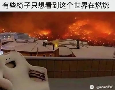 这是一张充满荒诞幽默感的网络meme梗图。画面前景是被厚厚白雪覆盖的户外椅子，创作者用简单的线条给椅子画上了类似眼睛和嘴巴的拟人化表情，让椅子看起来一脸冷漠、事不关己；背景则是被山火彻底染红的夜空，山林在熊熊燃烧，与前景的皑皑白雪形成极其强烈的视觉反差。图片顶部配文“有些椅子只想看到这个世界在燃烧”，通过拟人的手法，将椅子塑造成一个冷眼旁观周遭“混乱”的形象，用这种不合常理的反差感制造趣味，戏谑地表达出一种事不关己、冷眼旁观的心态，戳中部分人在特定情境下的情绪共鸣。