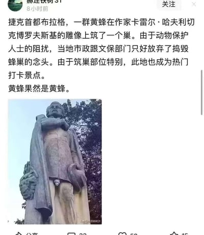 社交媒体帖子截图，内容描述捷克布拉格作家卡雷尔·哈夫利切克博罗夫斯基的雕像上被黄蜂筑巢，因动物保护人士反对未能拆除，意外成为热门打卡景点。配图为该雕像的照片，巢位于雕像下部显眼位置。