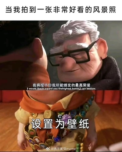 这是一张基于动画电影《飞屋环游记》截图二次创作的梗图，顶部配文‘当我拍到一张非常好看的风景照’设定场景，中间使用原电影中卡尔老爷爷为罗素颁发荣誉的画面与台词‘我将授予你我所能颁发的最高荣誉’，底部配文‘设置为壁纸’点明核心，用郑重的颁奖场景调侃自己将满意的风景照设为壁纸的日常行为，生动表达了对这张风景照的喜爱，贴合普通人拍到满意照片后的真实心理，充满趣味。