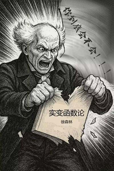 这是一张二次创作的高校生学习吐槽梗图，画面中是被夸张化处理的愤怒老年学者（形象参考哲学家亚瑟·叔本华），他双眼圆睁、大张着嘴怒吼，双手狠狠撕扯着徐森林所著的《实变函数论》教材，旁侧配有怒吼式吐槽文字“你到底会不会！！！！！”，用极致暴怒的视觉效果，精准共情被实变函数这类高难度专业课折磨的学习者的崩溃心态，吐槽高等数学类课程的晦涩难学。