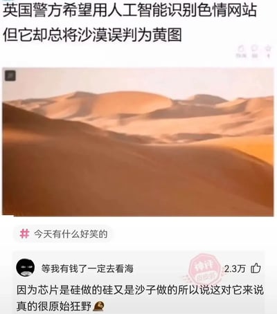 英国警方尝试用人工智能识别色情网站，结果AI系统频频闹乌龙，将沙漠照片误判为色情图片。图片主体是一张广袤的沙漠景观图，起伏的沙丘在阳光下呈现出温暖的橙黄色调。上方配有文字说明事件背景，下方则有网友的幽默神评：“等我有钱了一定去看海 因为芯片是硅做的硅又是沙子做的所以说这对它来说真的很原始狂野”，调侃AI可能因沙子（硅的原材料）而产生的“原始狂野”误判逻辑，充满科技乌龙的搞笑氛围。