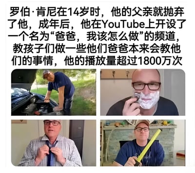 图片上方为文字介绍：罗伯·肯尼14岁时被父亲抛弃，成年后在YouTube创建名为“爸爸，我该怎么做”的频道，教孩子们父亲通常会教的技能，播放量超1800万次。下方是四张真人照片拼接：左上为他俯身修理汽车引擎，右上为他满脸剃须膏正在剃须，左下为他专注系领带，右下为他手持黄色卷尺。整体传递温暖励志的氛围，展现用行动弥补父爱缺失的正能量故事。