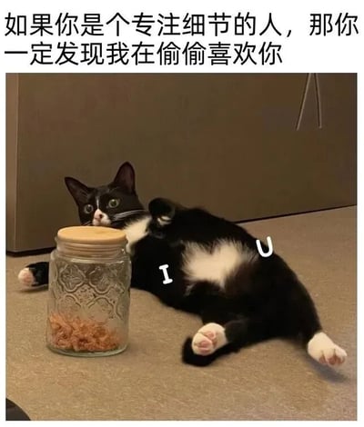 图片中一只黑白相间的奶牛猫侧躺在地面上，前爪搭着一个装有零食的玻璃罐，身体舒展，眼神好奇地望向镜头。猫的身体上分别标注了白色的“I”和“U”字母，组合成“I U”（谐音“我爱你”）。图片上方配有文字：“如果你是个专注细节的人，那你一定发现我在偷偷喜欢你”。整体通过猫咪的可爱姿态和隐藏的“I U”文字，营造出一种俏皮又温馨的暗恋表白氛围，适合用于向注重细节的对象表达心意。