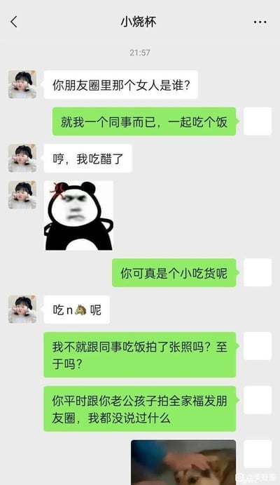 这是一段竖屏手机格式的虚构情侣聊天记录截图，对话双方为“小烧杯”和“我”：小烧杯看到“我”朋友圈里和女同事的合照后，询问对方身份并表示自己“吃醋了”，还发送了一张愤怒的熊猫头表情包表达不满；但“我”误解了“吃醋”的含义，调侃小烧杯是小吃货，让小烧杯十分恼火，随后“我”又拿小烧杯和老公孩子拍全家福发朋友圈的事进行反驳，对话充满了因语义误解产生的搞笑反差感，截图右下角带有“@美野酱”的水印，最后还附带了一张未显示完整的摸狗图片。