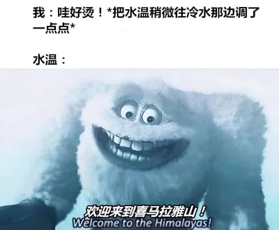 图片上半部分为文字描述：“我：哇好烫！*把水温稍微往冷水那边调了一点点*”，下半部分是一个笑容灿烂的雪怪形象，下方配有文字“欢迎来到喜马拉雅山！Welcome to the Himalayas!”。通过夸张手法表现生活中常见的“调水温时轻微一动就从烫变成极冷”的幽默场景，用喜马拉雅山的寒冷来比喻水温突然变得极低，引发共鸣和笑点。