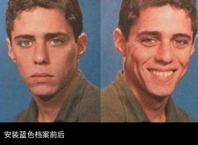 这是一张左右分栏的对比梗图，左侧是一位神情低落、面色凝重的男性，呈现出无精打采的状态；右侧是同一位男性，脸上洋溢着灿烂的笑容，看起来十分开心。图下方配文“安装蓝色档案前后”，用前后巨大的情绪反差，调侃游戏《蓝色档案》能给玩家带来极大的快乐，安装后心情会从低落变得愉悦，用夸张的方式表达玩家对这款游戏的喜爱。