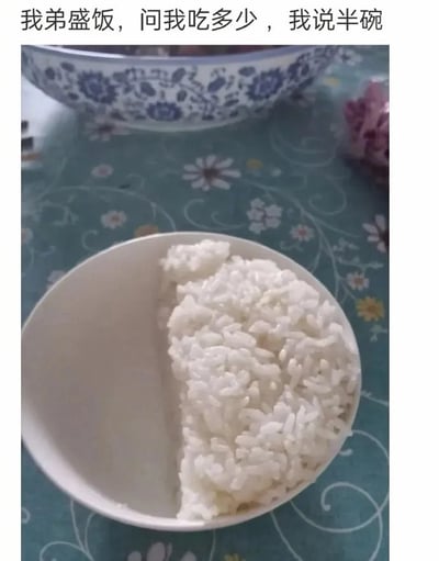 这是一张采用顶配底文形式的图文混排搞笑生活梗图，顶部配文交代背景：“我弟盛饭，问我吃多少 ，我说半碗”，下方实拍画面里白碗仅右半侧盛放了整整齐齐的米饭，左半侧碗完全空置，是当事人弟弟对“半碗”概念的硬核字面化解读，和大众常规认知里“盛到碗容量一半高度”的半碗饭形成强烈反差，趣味十足。