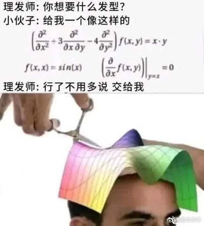图片上半部分为对话文字：理发师问“你想要什么发型？”，小伙子回答“给我一个像这样的”并附上一组复杂的数学公式（包含二阶偏微分方程 (∂²/∂x² + 3∂²/(∂x∂y) - 4∂²/∂y²)f(x,y)=x·y 及边界条件 f(x,x)=sin(x)、(∂f(x,y)/∂x)|_{y=x}=0），理发师回应“行了不用说 交给我”。下半部分是实拍图，理发师正用剪刀修剪顾客的头发，而顾客的头发被P成彩色的3D数学曲面图形，幽默展现“按数学公式剪发型”的荒诞场景。