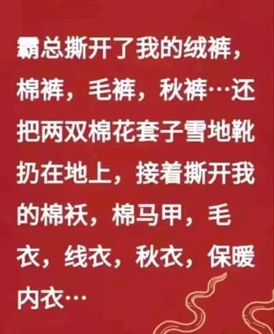 这张图片是一段段子，幽默描写了“霜总”把人冬天一层层的内衣外衣裤袜都撕开的夸张情景。其实就是在吐槽冬天穿好多衣服，冷空气一来根本不够用，瞬间全部“被撕光”。前半句用强烈的戏剧感制造误导，后面逐层揭示全是冬季御寒衣物，形成反差梗，令人会心一笑。没有真实色情暗示，纯属夸张搞笑。

图片没有明显谐音梗，主要玩的是戏剧感、误导和“层层解锁”等网络惯用梗。内容适合冬天寒潮来临时用来调侃和自我吐槽。