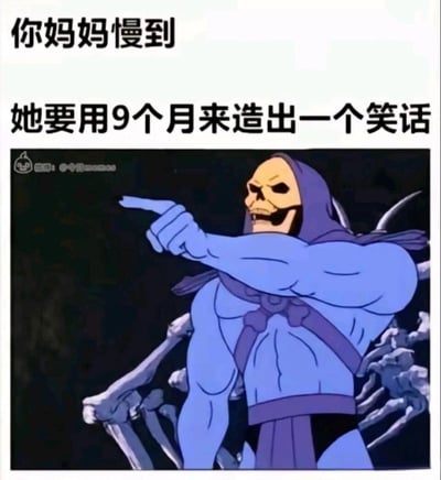 这是一张改编自经典美式动画《宇宙的巨人希曼》角色骷髅王的嘲讽类梗图。图中骷髅王摆出愤怒指向的动作，面部表情狰狞，配合上方的文字“你妈妈慢到 她要用9个月来造出一个笑话”，玩了欧美经典“你妈笑话（Yo Mama Joke）”的本土化梗：用人类怀孕的9个月时长作为“慢”的极致体现，同时暗讽被攻击的对象本身就是那个“花了9个月才造出的笑话”，通过骷髅王充满攻击性的形象，强化了这个侮辱性笑话的嘲讽效果，属于典型的攻击性搞笑梗图。