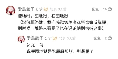 这是一张社交媒体评论的静态截图，发布者IP地址显示为北京，发布时间为3天前。用户“愛島館子です”发布了两条评论：第一条吐槽当前网络上梗、相关图片以及梗图的泛滥程度如同“地狱”，同时预测切辣椒相关内容会成为烂梗，后续会有大量路人在评论区盲目刷屏该内容；第二条评论补充说明自己所说的“梗图地狱”特指屈原相关的那张梗图，防止其他用户产生误解。用户头像为一个有着浅色头发、身着红白色服饰的卡通人物。