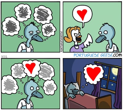 这是2021年发布的四格治愈系卡通漫画，第一格中，一只拟人化的蓝色公鸭子皱着眉头，脑袋周围的思考气泡里全是乱糟糟的黑线，呈现出思绪混乱、满是烦恼的状态；第二格中，一只黄头发的母鸭子开心地对着公鸭子挥手，对话框里的红心图案传递出她的喜爱之情；第三格中，公鸭子的思考气泡里，原本的乱线中出现了红心，爱意开始驱散他的烦恼；第四格的夜晚场景里，公鸭子躺在床上熟睡，脸上带着笑意，思考气泡里只剩下红心，说明他的烦恼已经被完全驱散，内心回归平静温暖。
