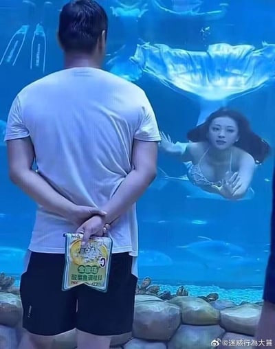 这是一张在水族馆场景下的搞笑梗图，画面里玻璃外的男子背对着镜头，双手背在身后拿着一包“金汤酸菜鱼调味料”，正看向玻璃内；玻璃内的女性装扮成美人鱼的样子，在水池中对着男子露出惊讶、错愕的表情，同时做出伸手的动作，仿佛在求救。两者的场景结合形成了强烈的反差感，玩起了将美人鱼对应成酸菜鱼食材的荒诞梗，制造出十足的喜剧效果。