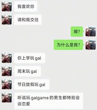 这是一张模拟微信风格的聊天记录截图，画面中使用银发二次元头像的方向另一方表白，被表白方疑惑询问原因，表白方列举对方上学、周末、节日放假都在玩Galgame，给出的理由是“听说玩galgame的男生都特别会谈恋爱”。这个梗图通过反差感制造笑点，调侃了Galgame玩家在虚拟恋爱和现实恋爱之间的认知错位——通常玩这类虚拟恋爱游戏的男生在现实中可能并不擅长恋爱，而表白方的误解形成了搞笑的效果。