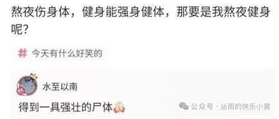 这张图片是社交媒体的聊天问答截图，上方首先提出了一个脑洞问题：「熬夜伤身体，健身能强身健体，那要是我熬夜健身呢？」，附带话题标签「#今天有什么好笑的」，随后用户「水至以南」给出了无厘头的回复「得到一具强壮的尸体」，还搭配了双手合十的表情，用反向的荒诞逻辑制造笑点，调侃了同时进行两件效果完全相反的行为的最终结果，右下角带有公众号「丛雨的快乐小窝」的标识。