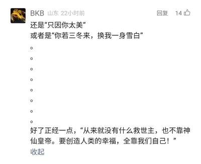 这是一张来自未知社交媒体平台的用户评论截图，用户ID为BKB，IP归属地显示为山东，该评论发布于截图前22小时，收获了14个点赞。评论内容分为两部分，先是引用两首网络热门歌曲的歌词进行玩梗，分别是蔡徐坤的《只因你太美》和阿悠悠的《你若三冬》中的段落，随后用多个换行的圆点作为分隔，最后切换到严肃内容，引用了《国际歌》的经典歌词，形成了从轻松玩梗到传递严肃思想的内容转变。