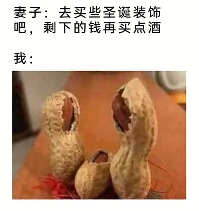 这是一则图文结合的搞笑网络meme，上方文字呈现了妻子对丈夫的要求：让他去购买圣诞装饰，剩余的钱用来买酒；下方的图片则是丈夫的回应——他用三个被处理过的花生壳，摆成一家三口的造型，还系上红绳当作圣诞装饰。这个内容通过反差感制造幽默：丈夫没有按照妻子的要求先买装饰再买酒，而是反过来把钱都用在买酒上，用成本几乎为零的花生壳敷衍完成圣诞装饰的任务，调侃了家庭生活中这类“钻空子”的趣味小事，也贴合圣诞主题玩了低成本装饰的梗。