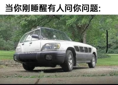 图片上方配有黑色文字'当你刚睡醒有人问你问题:'，下方为一辆银色SUV汽车的实拍照片。汽车停放在碎石路面上，周围环绕茂密绿树，车身前部略显脏污，挡风玻璃呈现模糊雾面状态，整体给人一种凌乱、未清醒的视觉感受。图片通过汽车的'迷茫'状态隐喻人刚睡醒时被提问的混沌反应，属于情景类幽默梗图。