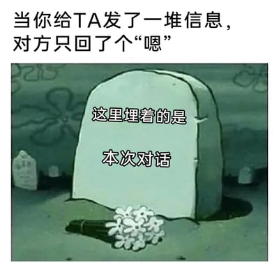 这是一张用来调侃社交聊天冷场的表情包，上方配文“当你给TA发了一堆信息，对方只回了个‘嗯’”，图中使用美国动画《海绵宝宝》里的墓地场景截图，一块墓碑上被添加文字“这里埋着的是本次对话”，墓碑前还摆放着一束白花。整张图用夸张、戏谑的方式，精准表现出当聊天者满怀热情发送大量消息，却只收到对方极其敷衍的“嗯”时，对话直接被终结的尴尬与无奈，能引发人们在社交中遇到类似敷衍回复时的共鸣。