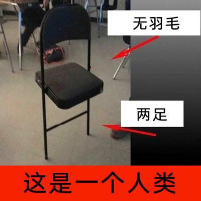 这是一张利用视觉错位效果制作的文字加注静态图，画面中一名穿着深色衣物的人蹲在地面上，其身体姿态、衣物的颜色和形状恰好和椅子的形态高度相似，乍一看会误以为是一把黑色折叠椅。图中用红色箭头搭配白色文字框对两处细节进行标注：一处指向背景中的椅子腿，标注“无羽毛”，另一处指向该人的脚部，标注“两足”，图片底部的红色横幅中写有“这是一个人类”的文字，点明了视觉错觉的真相，同时用类似生物分类特征描述的方式，增添了画面的搞笑趣味，让人在发现真相后感到啼笑皆非。