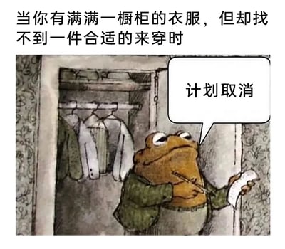 这是一张改编自经典儿童绘本《青蛙和蟾蜍》的搞笑梗图，顶部配有文字“当你有满满一橱柜的衣服，但却找不到一件合适的来穿时”，图中蟾蜍站在挂满各式衬衫的衣柜前，眉头微皱、眼神透着无奈与烦躁，一只手拿着写有计划的纸条，另一只手握着笔，对白气泡里的“计划取消”直白地表现出它因挑不出合适穿搭，干脆放弃原有计划的心态，精准戳中了很多人面临穿搭选择困难时的无奈情绪，用卡通形象的演绎让日常烦恼变得幽默又有共鸣。
