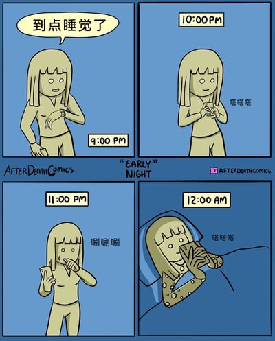 这是一幅四格连环卡通漫画，生动描绘了当代人常见的“计划早睡却被手机打乱”的真实日常场景：第一格为晚上9点，卡通女孩看着手表，一脸自觉地说道“到点睡觉了”，展现出想要按时休息的决心；第二格是晚上10点，女孩手持手机，发出“嗒嗒嗒”的操作声，已经开始沉浸在手机使用中；第三格为晚上11点，女孩依旧拿着手机，发出“唰唰唰”的滑动声，还捂着嘴，显然已经完全忘记早睡计划，沉迷于手机内容；第四格是凌晨12点，女孩躺在床上，盖着带圆点图案的被子，却依然拿着手机“嗒嗒嗒”地操作，彻底放弃了早睡的想法。漫画通过时间推进和女孩的行为、状态变化，用幽默的方式还原了人们立下早睡目标却轻易被手机打破的普遍经历。