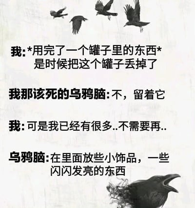 图片为白色背景的图文混排 meme，上方有四只黑色乌鸦飞翔，底部有一只张大嘴的乌鸦。文字内容描述了一个幽默场景：当“我”用完罐子里的东西想丢掉空罐时，“我那该死的乌鸦脑”却坚持要留着罐子用来存放小饰品和闪闪发光的东西，调侃人们像乌鸦一样喜欢囤积小物件的心理。