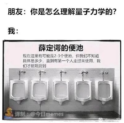 这是一张黑白静态的图文混排类P图改编梗图，以生活化的场景调侃量子力学概念。图上方呈现对话场景：朋友向“我”提问“你是怎么理解量子力学的？”，“我”则用“薛定谔的便池”来给出搞笑解释：厕所内的五个小便池，在无人使用时，可使用的便池数量处于2-3个的叠加状态，只有当第一个人走过来使用时，才能观测到具体的可使用数量。该图将量子力学中“薛定谔的猫”思想实验里的叠加态概念，替换为厕所便池的可使用数量，用接地气的日常场景解构专业科学概念，制造出荒诞搞笑的效果，降低了量子力学的理解门槛，十分诙谐。