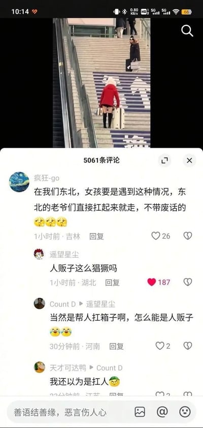 图片为社交媒体评论区截图，上方是一段视频画面：一名身穿红色外套、黑色长袜的女孩正拖着大号行李箱艰难地爬楼梯。下方评论区引发热议：吉林网友“疯狂-go”称“在我们东北，女孩要是遇到这种情况，东北的老爷们直接扛起来就走，不带废话的”，配三个笑哭表情；湖北网友“遥望星尘”调侃“人贩子这么猖獗吗”获187赞；河南网友“Count D”纠正“当然是帮人扛箱子啊，怎么能是人贩子”；“天才可达鸭”则补刀“我还以为是扛人”配绿脸表情。整体展现了地域文化梗与评论区误会带来的幽默互动。
