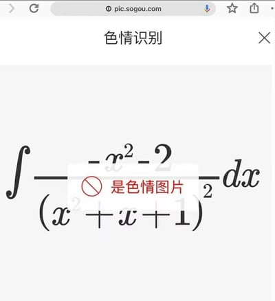 这是一张搜狗图片平台的色情识别界面截图，画面核心是一个不定积分数学公式：$oldsymbol{rac{-x^2 - 2}{(x^2 + x + 1)^2}dx}$，但系统错误地在公式区域弹出带有禁止标识的红色提示“是色情图片”，属于AI内容审核的乌龙事件，因严肃的数学内容被误判为违规内容，产生了荒诞搞笑的反差效果。