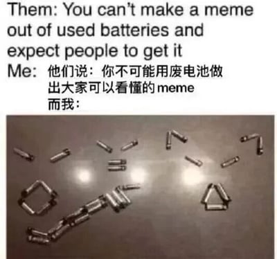 图片上半部分为对话文本，英文部分写着'Them: You can't make a meme out of used batteries and expect people to get it'，下方中文翻译为'Me: 他们说：你不可能用废电池做出大家可以看懂的meme 而我：'。下半部分是一张实物照片，多节废电池被精心排列成经典Doge meme的面部轮廓（包括标志性的眼睛、鼻子和嘴巴形状）。这张梗图通过反差幽默，用实际行动回应了'无法用废电池做meme'的质疑，利用Doge meme的高辨识度让观众'get it'（理解笑点）。