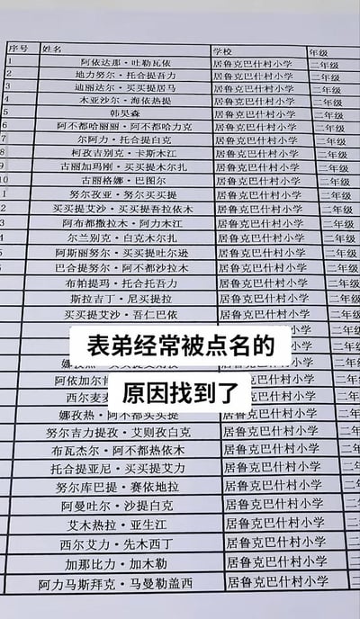 图片主体是一张学生花名册表格，包含序号、姓名、学校和年级信息，所有学生均来自“居鲁克巴什村小学”二年级，姓名多为少数民族名字。表格上方叠加白色背景文字“表弟经常被点名的 原因找到了”，通过幽默的方式暗示表弟可能因名字特殊或难念而频繁被老师点名。