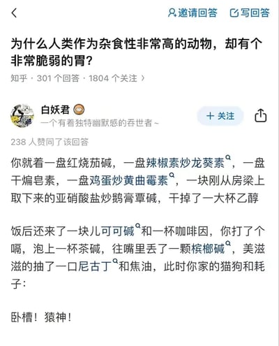 这是一张知乎问答界面的截图，顶部的提问内容为“为什么人类作为杂食性非常高的动物，却有个非常脆弱的胃？”，该问题共有301个回答、1804个关注。用户“白妖君”发布的高赞回答用夸张戏谑的手法，列举了人类日常饮食中会摄入的各类对其他动物而言具有毒性的物质，包括各类生物碱、黄曲霉素、亚硝酸盐、酒精、咖啡因、尼古丁等，最后调侃称家养的猫、狗、耗子看到人类这么进食会震惊地喊出“卧槽！猿神！”，用幽默的方式反向说明人类的胃实际已经承受了很多其他动物无法承受的摄入物，并非真的脆弱。