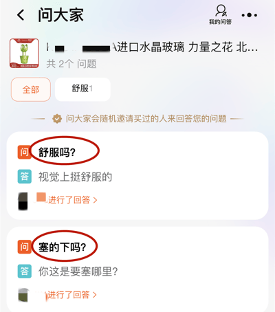 电商平台商品问答区截图，展示了关于'进口水晶玻璃 力量之花'商品的两个有趣问答。第一个问题'舒服吗?'得到'视觉上挺舒服的'的回答，第二个问题'塞的下吗?'引发'你这是要塞哪里?'的反问。问题被红色圆圈标注，突出显示这段具有幽默效果的问答对话。