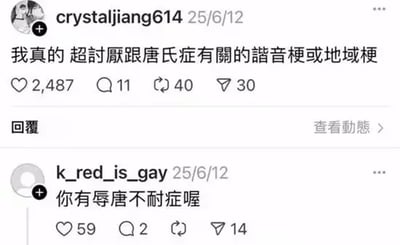 社交媒体截图展示了用户crystaljiang614于25/6/12发布的帖子，内容为“我真的 超討厭跟唐氏症有關的諧音梗或地域梗”，获得2487赞、11评论、40转发和30分享。下方是用户k_red_is_gay的回复：“你有辱唐不耐症喔”，利用“乳糖不耐症”的谐音，将“乳糖”替换为“辱唐”（侮辱唐氏症），形成双关梗，该回复获得59赞、2评论、14转发和14分享。