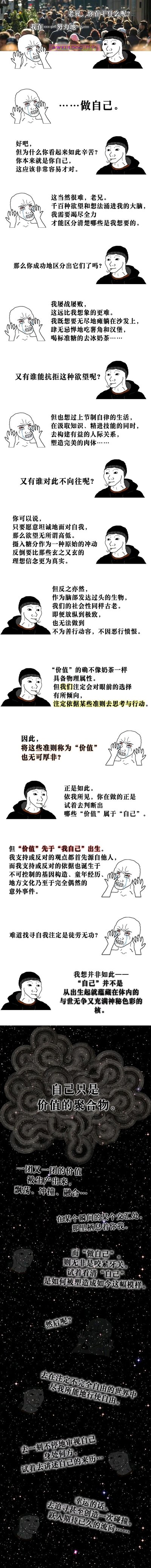 这是一幅竖版原创连环漫画，以简约的卡通线稿风格呈现。漫画通过两个角色的对话，从“做自己”这个看似简单的话题切入，逐步深入探讨自我与欲望、价值的关系：崩溃的角色因无法区分自我真实欲望而痛苦，既向往放纵的享乐生活，又渴望自律精进的人生；随后两人展开关于价值的讨论，最终点明“自己是价值的聚合物”，引导读者思考自我的形成并非天生，而是由各种价值碰撞融合而成，“做自己”的本质是审视自我的塑造过程并行使自由。结尾以星空背景配合模糊文字，强化了这一哲学性的主题，引发对自我存在的深度思考。