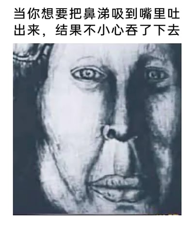 这是一张图文结合的搞笑梗图，上方配文“当你想要把鼻涕吸到嘴里吐出来，结果不小心吞了下去”，下方是一张视觉错位的黑白人像图。通过特殊的面部构图，让观看者产生一种“鼻涕从鼻子延伸到嘴巴”的视觉错觉，精准地表现出发生这种尴尬小事时，人内心的错愕、后悔与尴尬情绪，用夸张的视觉效果放大日常中的社死瞬间，极易引发网友对这类生活小意外的共鸣。