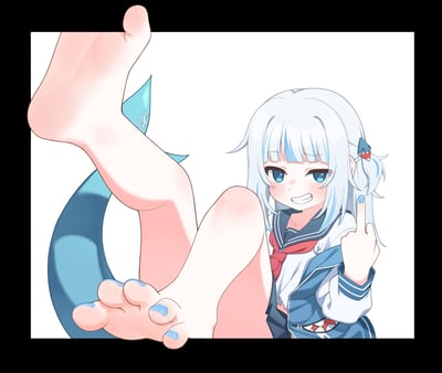图中是Hololive English的虚拟主播噶呜·古拉，她有着标志性的银白发色与鲨鱼元素配饰，身穿蓝白水手服，歪眼露出坏笑的表情，一只手比出中指，同时抬起双脚展示涂着蓝色指甲油的脚趾，身后的鲨鱼尾巴也清晰可见，整体姿态搞怪又带着挑衅感，画风为可爱的二次元插画风格。