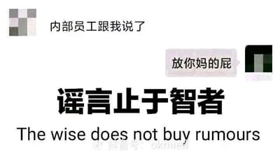 这是一张以辟谣为核心主题的配图，上方呈现的是一段头像打码处理的聊天记录截图：左侧发言者称“内部员工跟我说了”，暗示正在传播一则来自内部的消息，右侧发言者则用激烈的脏话直接驳斥该言论；下方配有醒目的大号文字“谣言止于智者”，同时附带对应的英文翻译“The wise does not buy rumours”，整体通过生活化的聊天场景搭配直白的标语，传递出对不实传言的反对态度，倡导大众不要轻信、传播未经证实的消息。